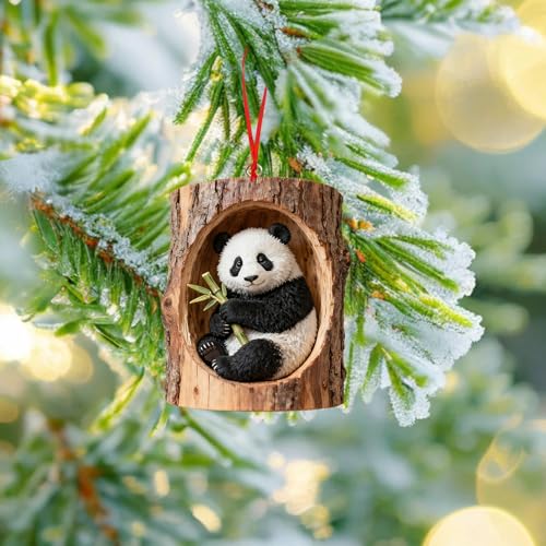 Animal Christmas Tree Ornaments, Forest Animals Acrylic Ornament, Lifelike Squirrel Sloth Hedgehog Rabbit Spider Ladybug Tree Decor, 8cm Holiday Hanging Ornament for Xmas Mantel Wreath (Panda)