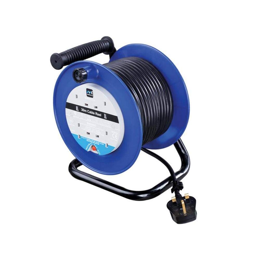 Masterplug Four Socket, 30 Metre Open Cable Reel, Medium Extension Lead Reel, Wind-Up Power Retractable Cord Reel, Heavy Duty, Thermal Cut Out, Work Power, Blue/Black, 13A, 4G, 30m, LDCC3013/4BL