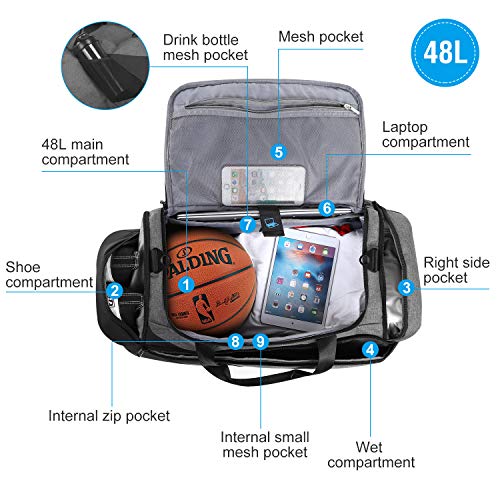 48L Gym Bag Travel Bag with Backpack Function Men Fitness Bag Training Bag with Shoe Compartment & Wet Compartment Waterproof Duffle Bag for Training,Gym,Vaction,Swim,School,Yoga