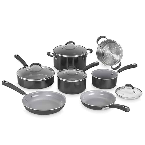 Cuisinart Ceramica XT Non-Stick Cookware Set 11-piece: Saucepans, Frypans, Stockpot, Sauté Pan, Steamer | Titanium-reinforced ceramic interior, PTFE, PFOA & PFAS-free Silicone Cool Grips,Black Ceramic