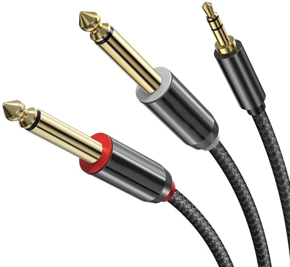 Pro grade mini jack to dual mono jack, 3.5mm to 6.3mm, 1/4" to 1/8" Male to Male Y Splitter Nylond Braid Gold-Plated for smartphone Mixer,Audio Recorder,Guitar, Amplifier(Black/Silver - 1m/1.8m/2m/3m)