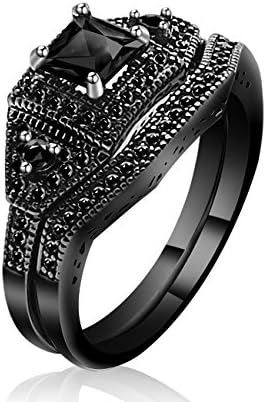 Lucky Dora Black Gold Plated Stackable Halo Rings Set with Princess Cut Black Cubic Zirconia Wedding Bridal, Size 9