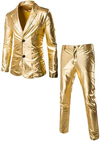 JKQA Men's Metallic Slim Fit Casual Blazer Jacket 2 Piece Outfit Suit (M, Gold)