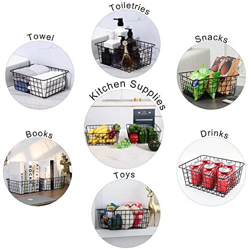REFSAVER Wire Basket for Organizing 4 Pack Pantry Storage Baskets Small Mental Cabinet Shelf Black Organizer Bins for Office,Bathroom,Pantry,Closets