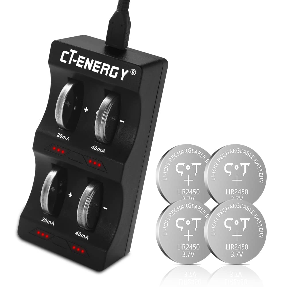 LIR2450 Rechargeable 3.7V Lithium Coin Cell CR2450 Battery Replacement with Charger Set 4 Pack