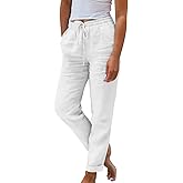 BTCOW Womens Linen Pants Straight Leg Casual Drawstring Lightweight Trousers with Pockets