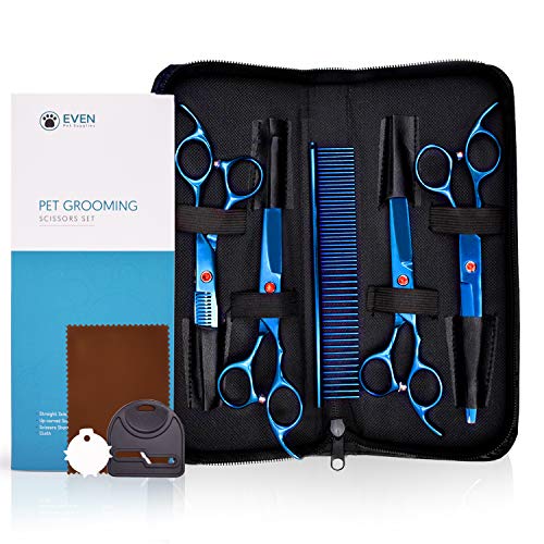 EVEN Professional Dog Grooming Scissors Set for Cats and Dogs-4CR Coated Steel, Dog Grooming Supplies- Straight and Thinning Shears, Curved Up Shears , Metal Pet Comb, Scissor Sharpener -Pet Fur Care