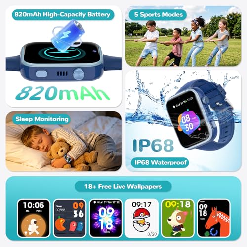 SWGOTA Children's Smartwatch, Children's Smartwatch with 4G Video Call/GPS, Voice Chat/School Mode/Whatsapp/WiFi/SMS/SOS/Pedometer/5 Sports Modes, IP68 Waterproof Gift for Girls Boys, Blue
