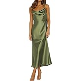 Summer Satin Spaghetti Strap Cowl Neck Backless Midi Dresses for Women Elegant Tie Low Back Ruched Cocktail Dress