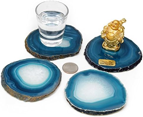 Gift Set of Four Genuine Brazilian (3.5"-4") Agate Coasters. Includes Protective rubber bumpers - TEAL