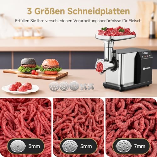 AAOBOSI Electric Meat Mincer [3000 W MAX] with LED Display, 3 Speeds, Meat Grinder with Anti-Clogging Technology, Built-in Storage Box, Sausage Filler & Kibbe Making for Home Use