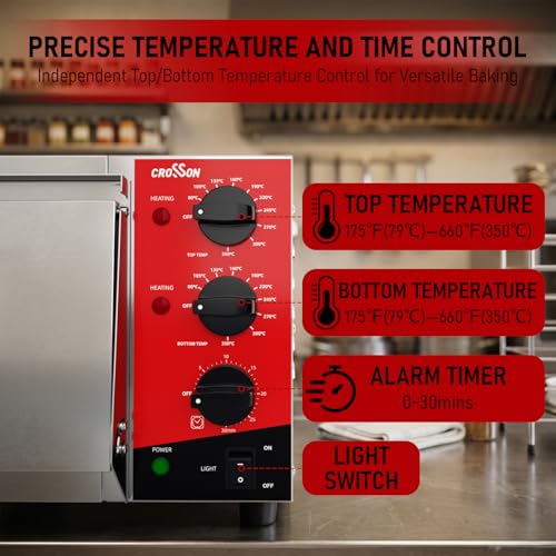 CROSSON Electric Pizza Oven 16 Inches, Professional Electric Pizza Oven in Stainless Steel 230 V/2000 W with Stone and Handle, for Indoor Restaurant Cooking Home Kitchen