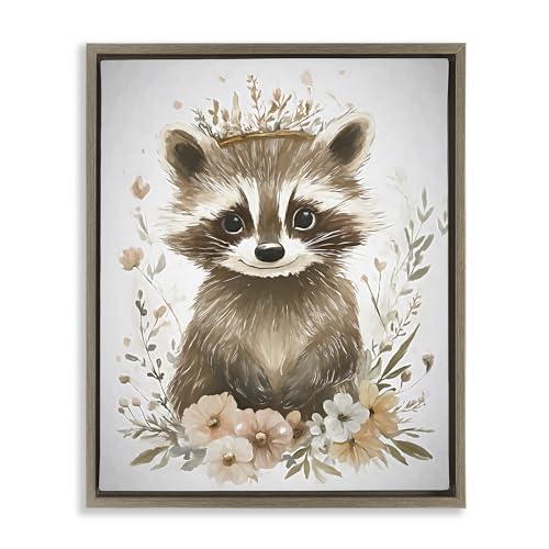Stupell Industries Whimsical Crowned Raccoon Brown Framed Floater Canvas Wall A…
