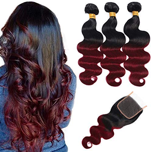 Ombre Brazilian Hair Body Wave Bundles with Closure,Ombre Brazilian Virgin Hair Human Hair Weave Two Tone Black to Burgundy (T1B/99J,12 14 16+12)