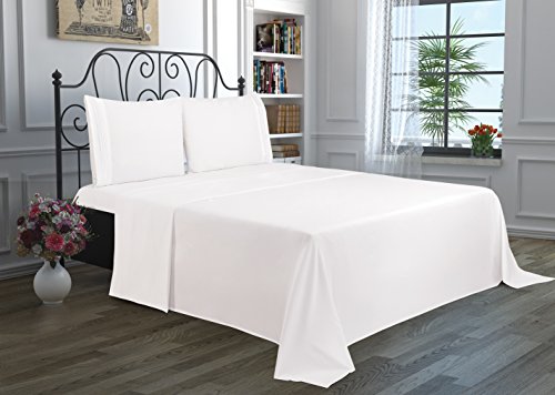 4 Piece Solid Bedsheet Set with 2 Pillow Cases & 1 Deep Pocket Fitted & 1 Flat Sheet Wrinkle-Free Stain Resistant Extra Soft Breathable Hypoallergenic Brushed Microfiber Bedding Sheets White-Queen