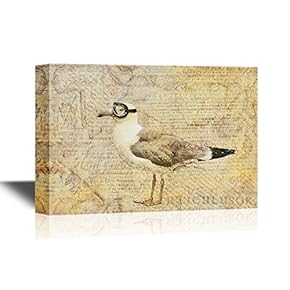 Canvas Wall Art - Seagull with Goggles of Pilot on Vintage Backgorund - Gallery Wrap Modern Home Art | Ready to Hang - 12x18 inches