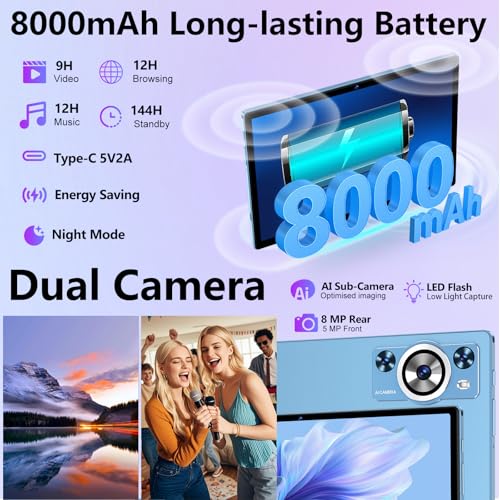 Android 15 Tablet, 30GB RAM 128GB ROM 2TB TF, 2026 Electronics Tablets 10 Inch 8000mAh with Keyboard Mouse, 2.0GHz, 5G WiFi, BT 5.0, GMS Certified, Incell Display, Gemini AI - Blue