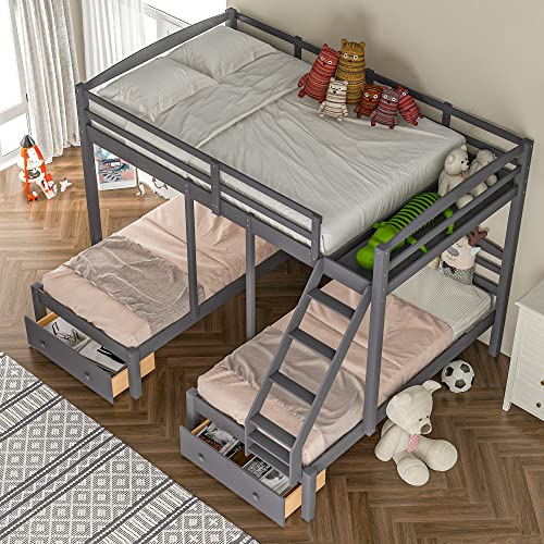 SOFTSEA Triple Bunk Beds with Stairs and Storage Drawers, Full Over
