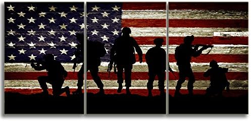 Large Wall Art 3 Panel Retro Painting on Canvas Gun Closeup Picture Poster American Flag Wall Art for Office Patriotic Concept USA Flag Independence Day Artwork Print for Stretched Framed(16''Wx24''H)