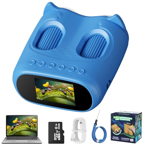 Cheffery 2 in 1 Microscope for Children and Telescope, Children's Digital Microscope with 32GB Memory Card, 1000X Portable Children's Microscope with 2" IPS Screen and 8 LEDs, for Ages 3+