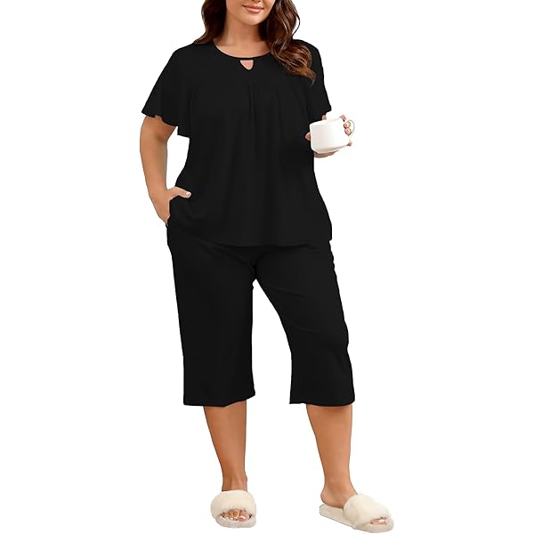 thumbnail image 2 of Women's Modal Pajama Set - Short Sleeve Top & Capri Pants With Pockets 2 of 14