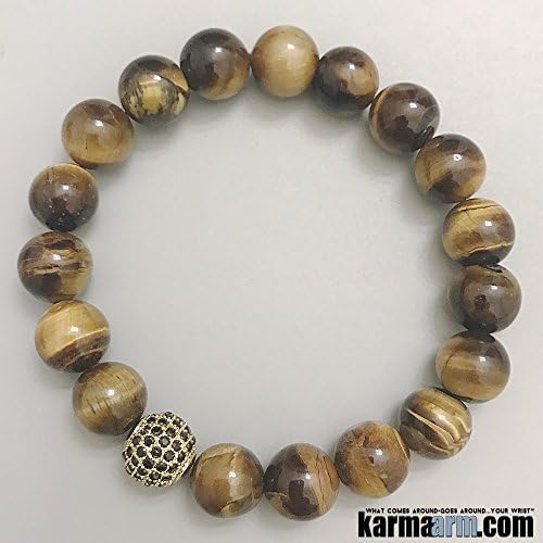 DETERMINATION: Tiger Eye | Gold CZ Black Diamond Pave Ball ॐ Yoga Chakra Stretch Beaded Bracelet