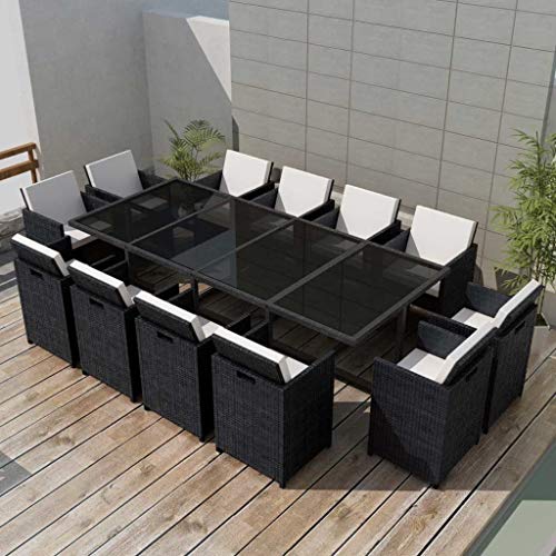 vidaXL Gartenmöbel 13-TLG. mit Auflagen Sitzgruppe Gartenset Sitzgarnitur Gartengarnitur Gartentisch Esstisch Stühle Poly Rattan Schwarz – Bild 2