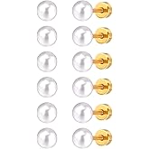 Pearl Stud Earring Set 6 Pairs Stainless Steel Flatback Earrings Hypoallergenic Screwback Jewellery Flat Back Helix Jewelry for Sensitive Ears Women Ladies Aretes De Perlas Para Mujer