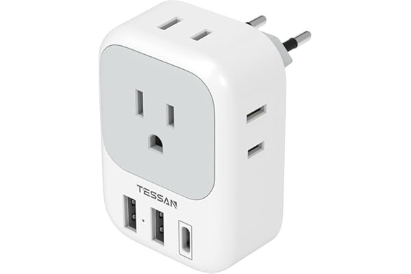 European Travel Plug Adapter USB C, TESSAN International Plug Adapter with 4 AC Outlets and 3 USB Ports, Type C Power Adaptor Charger for US to Most of Europe Iceland Spain Italy France Germany