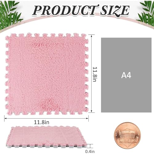 AM ANNA 12 Pcs Plush Interlocking Carpet Tiles，Soft Non-Toxic Foam Carpet Tiles for Toddler Baby，Machine-Washable，Anti-Slip，EVA Foam Interlocking Tiles for Floor, Nursery (Pink Grey White, 12 Pcs)
