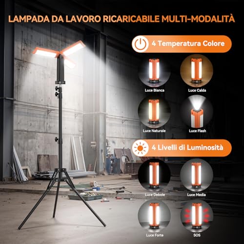 Rechargeable Camping Lamp with Tripod 12000mAh 3 Colors of Light 6000LM Dimmable LED IP65 Suitable for Workshops, Camping, Construction Sites and Emergency Situations