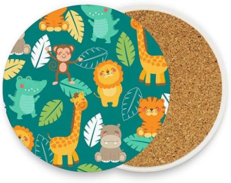 Giraffe Lion Palm Leaf Drink Coasters Mats, Jungle Animals Round Coaster Mat Non Slip Hot Pads for Drinks Coffee Mug Glass Cup Place Pad for Kitchen Bedroom Home Office Decor Pack of 2