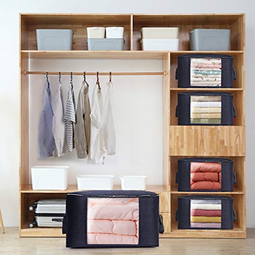 Clothes Storage Organizer, Large Storage Container with Thickened Handles for Bedding, Clothes and Blankets, Strong Zippers, Transparent Windows, 4 Pieces (Blue)