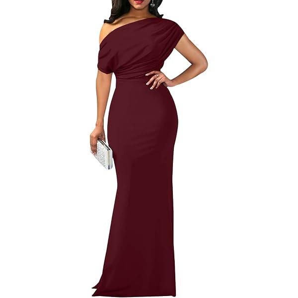 DinyIn Formal Dresses for Women Elegant Off Shoulder Evening Party Gowns  Sexy Bodycon Ruched Prom Wedding Guest Dress,523_1GRed_Small at Amazon  Women's Clothing store