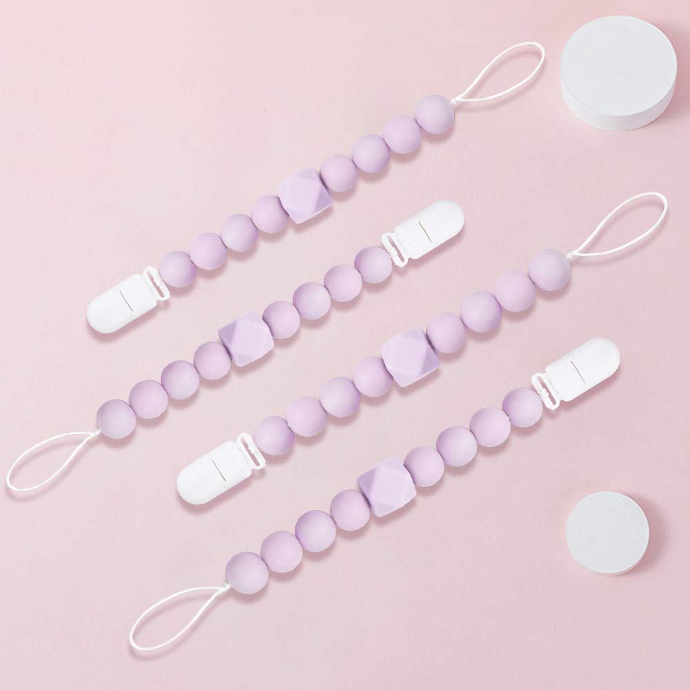Yoofoss Pacifier Clip Silicone 4 Pack for Baby Girls BPA Free Teething Beads Fits Most Pacifier Styles & Teething Toys (Light Purple） : Baby