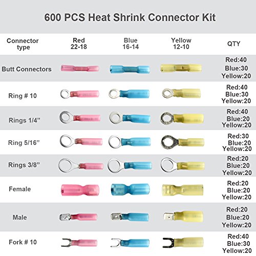 600 PCS Heat Shrink Wire Connectors Terminals, Camtek Waterproof Butt Connectors Electrical Insulated Crimp Terminals Marine Automotive Wire Connectors