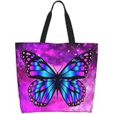bositigo Purple Butterfly Gym Tote Bags for Women,Cute Butterfly Purse Print Shoulder Reusable Shopping Handbags Casual Travel Work Daily Waterproof Summer Grocery Bag Holiday Gifts -Large