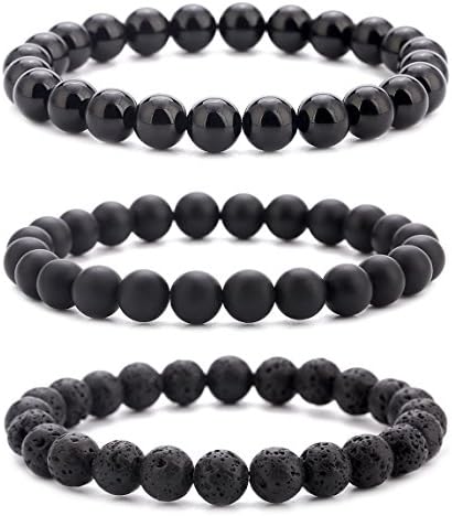 Ghome Lava Stone Diffuser Bracelet 8mm Natural Rock Elastic Yoga Agate Beads Bracelet Bangle (3PCS:Lava Stone,Matte Agate,Black Agate)