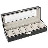 Zeeshy 6- slot Watch Box Black Pu Leather Diaplay Case Glass Top with Key Lock