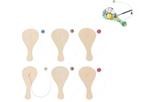 POPETPOP Wood Paddle Ball Toy Set 6 Pieces with Attached Ball and String for Kids Indoor Outdoor Hand-Eye Coordination and Fa