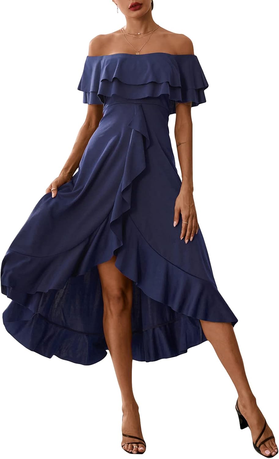 YOINS Women's Off Shoulder Maxi Dress Ruffle Short Sleeves High Low Flowy Summer Beach Wedding