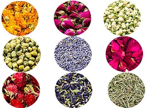 MinaJoy Dried Flowers, Natural Dried Flower Herbs Kit for Bath, Soap Making, Candle Making - 9 Bags Include Dried Lavender, Rose Petals, Jasmine Flower, Butterfly Pea, Jasmine Buds and More