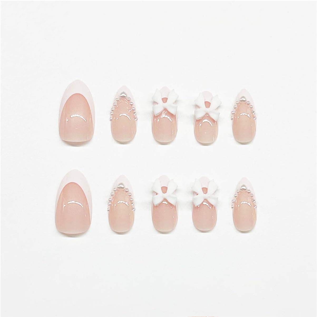 24Pcs Almond Press on Nails French Tips Short Fake Nails with Cute Bow Charms Design French Press on False Nails Nude Pink Acrylic Nails Almond Shaped Artificial Nails for Women Girls Manicure Tip - Image 3
