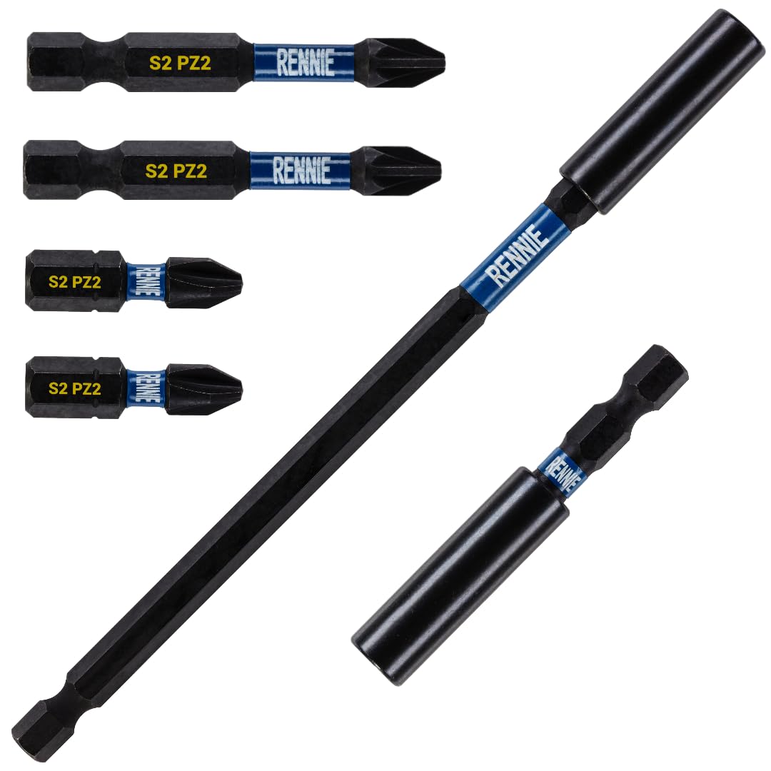 6 Piece Rennie Tool Magnetic 60mm and 152mm Professional Impact Bit Holders with 2 x 25mm Pozidriv PZ2 Screwdriver Impact Bit & 2 x 50mm Pozidriv PZ2 Screwdriver Impact Bit Heavy Duty