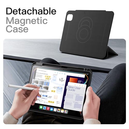 JETech Detachable Magnetic Case for iPad Pro 11 Inch M5/M4 (2025/2024) with Pencil Holder, Removable Rotating Clear Case, Portrait/Landscape Stand (Black)