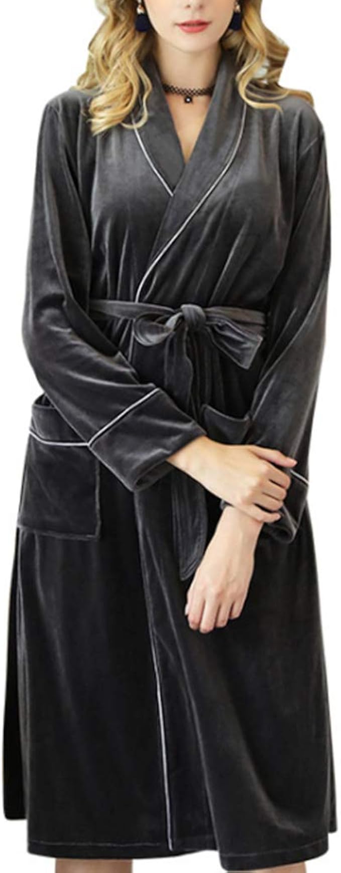 Raylans Women Sexy Gold Velvet Sashes Split Robe VNeck Long Sleeve