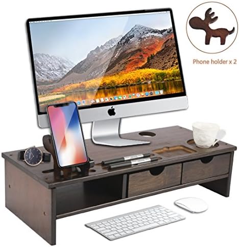 Easeurlife Computer Monitor Riser with Storage Drawer Organizer Desktop Bamboo Riser Stand (Exclusive Walnut)