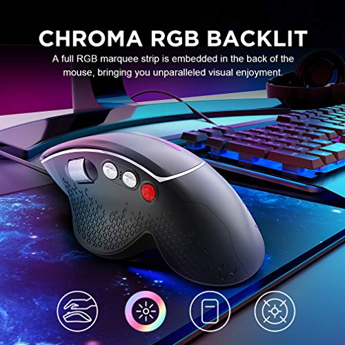 INPHIC Ratón Gaming con Cable, Desplazamiento Lateral y diseño ergonómico Vertical, Ratones para Juegos de computadora USB óptico programable, 1200-4800 dpi Ajustable, retroiluminación 7 RGB, Negro