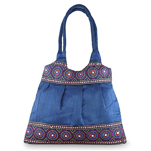 NOVICA Handmade Embroidered Shoulder Bag with Zipper, Blue and Rose Mandalas'