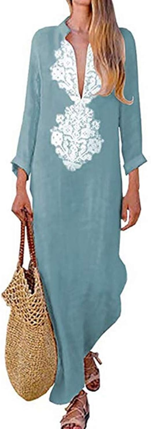 Fashion Women Cotton Linen Dress Striped Pocket Loose Long Maxi Dress Summer Autumn Long Sleeve 